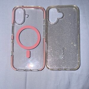 2 iPhone 16 cases. 1 Speck Clear w/Glitter 1 Clear/pink  one is from Amazon.